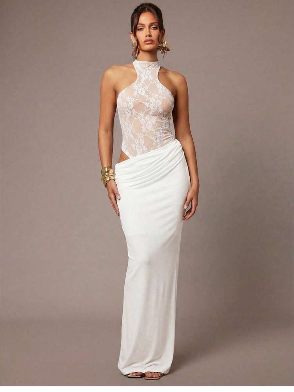 Elegant White Lace High-Neck Evening Dress